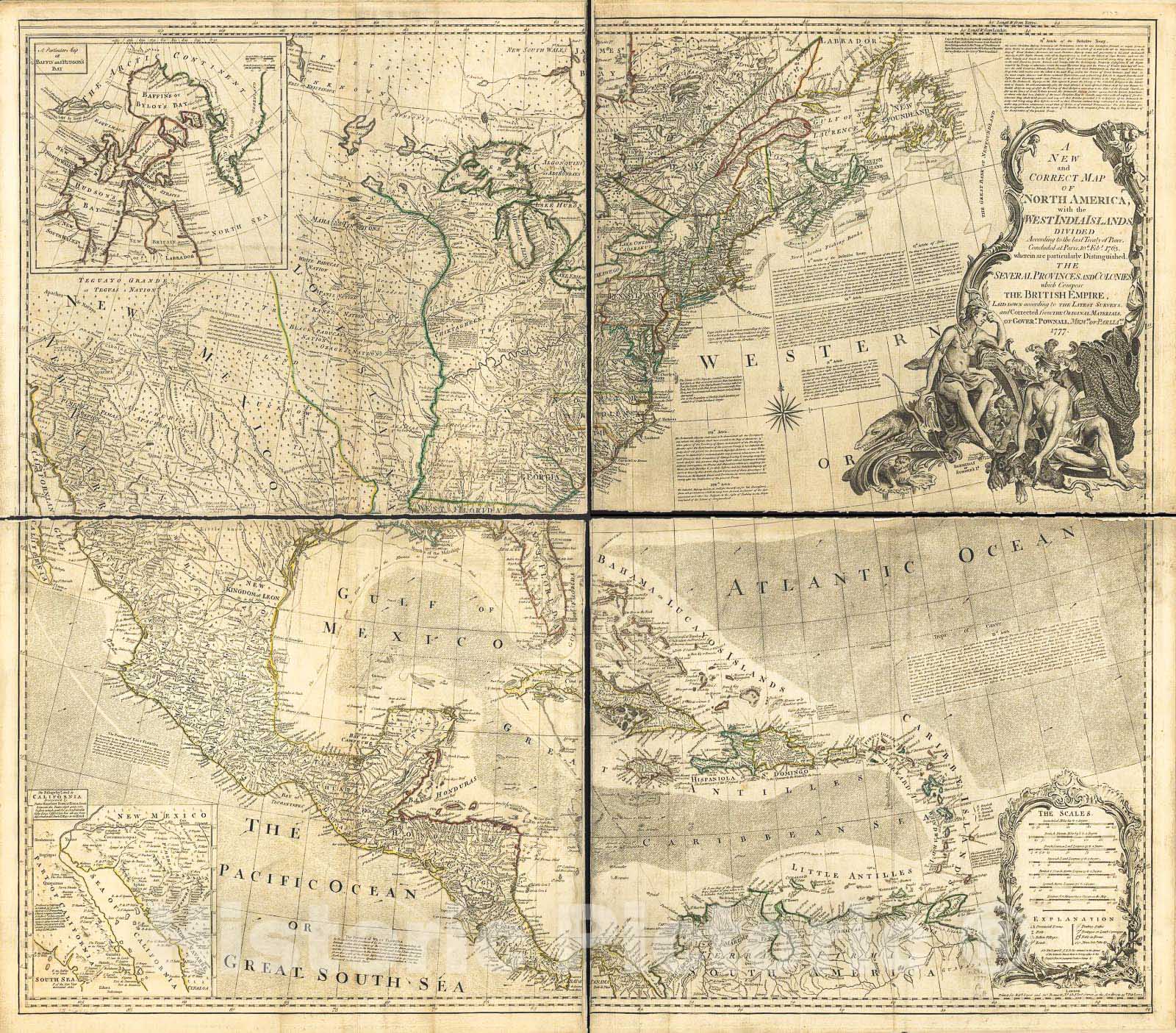 Historic 1779 Map - A New and Correct map of North America; with The West India Islands. Divided According to The Last Treaty of Peace, concluded at Paris. 10th. Feby. 1763