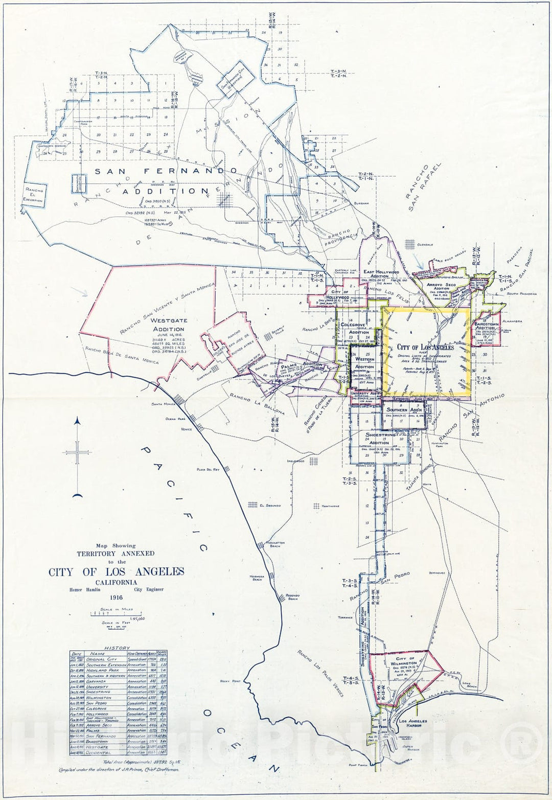 Historic 1916 Map - Map Showing Territory annexed to The City of Los Angeles, California