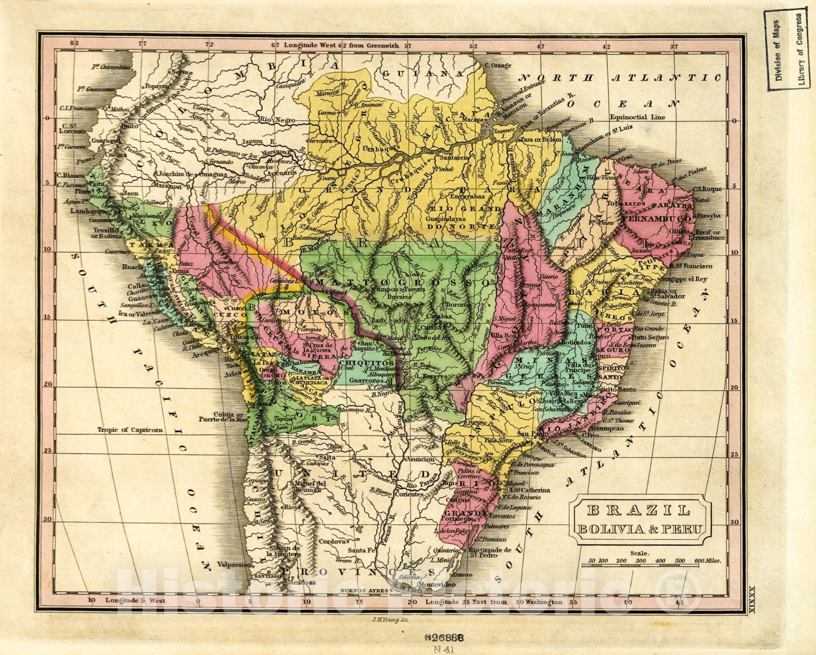 Historic 1829 Map - Brazil, Bolivia & Peru.