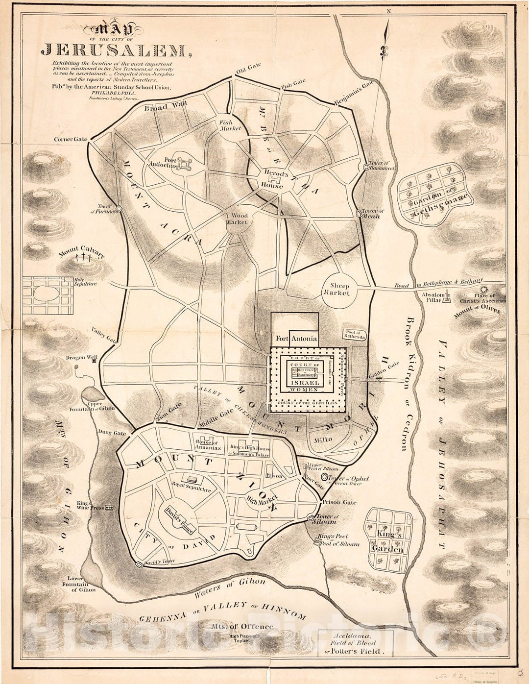 Historic 1800 Map - Map of The City of Jerusalem : exhibiting The Location of The Most Important Places Mentioned in The New Testament, as Correctly as can be ascertained