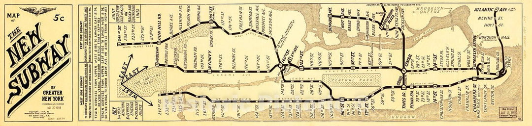 Historic 1918 Map - Map of The New Subway of Greater New York : (Interborrow System)