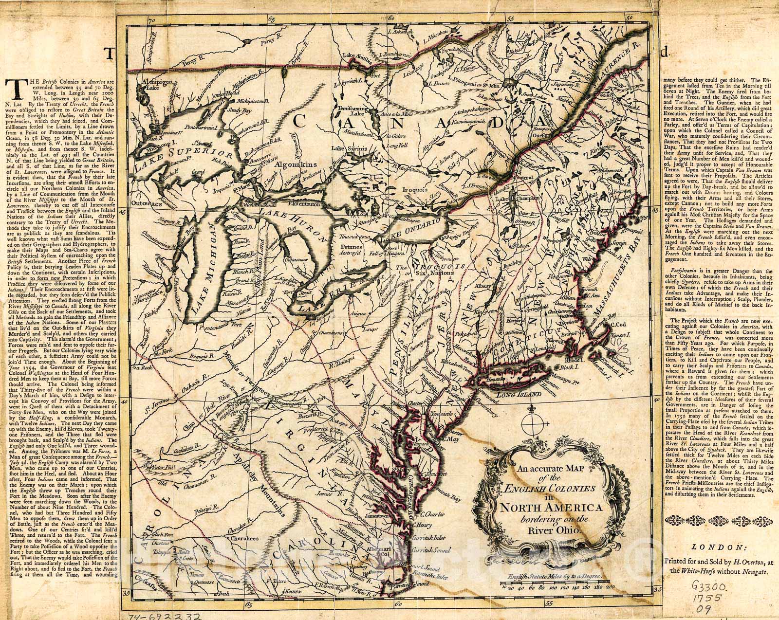 Historic 1755 Map - an Accurate map of The English Colonies in North America bordering on The River Ohio.