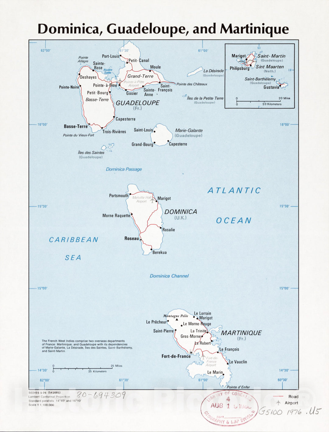 Historic 1972 Map - Dominica, Guadeloupe, and Martinique.