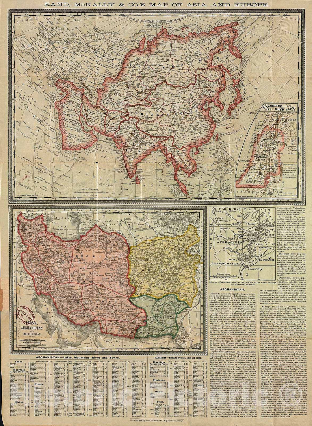 Historic 1885 Map - Palestine, or, The Holy Land ; Persia, Afghanistan and Beluchistan.