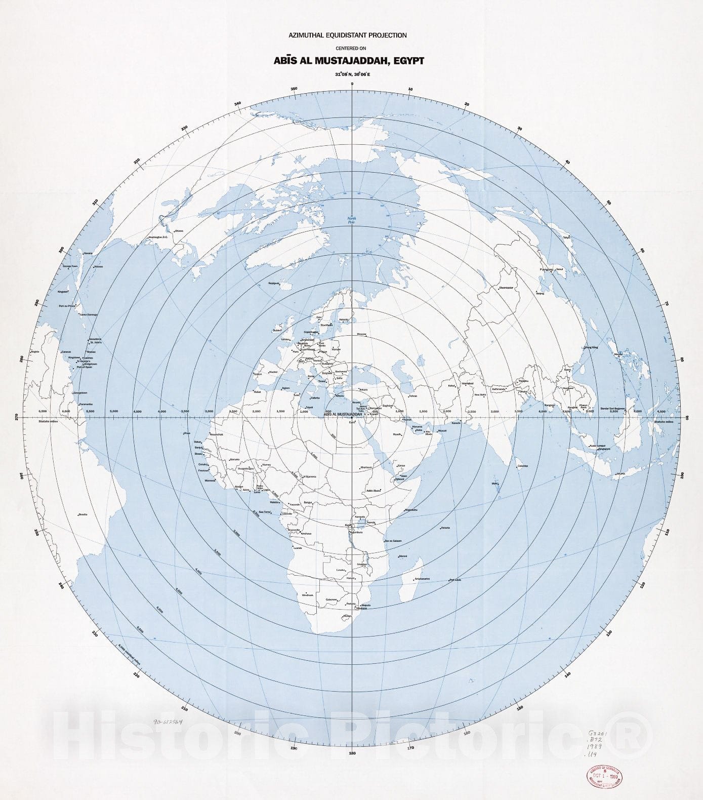 Historic 1989 Map - Azimuthal equidistant Projection Centered on Abs al Mustajaddah, Egypt, 3108N, 3006E.