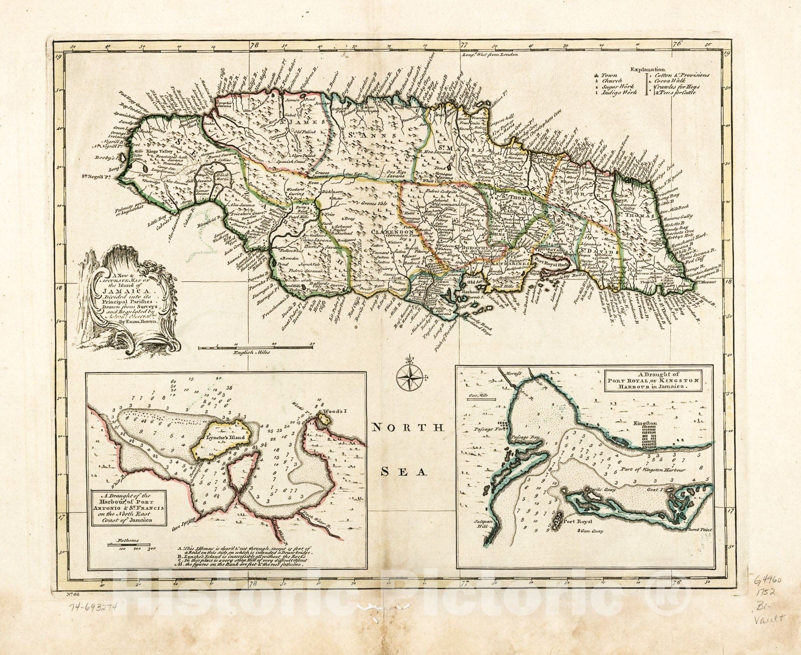 Historic 1752 Map - A New & Accurate map of The Island of Jamaica. Divided into its Principal parishes.