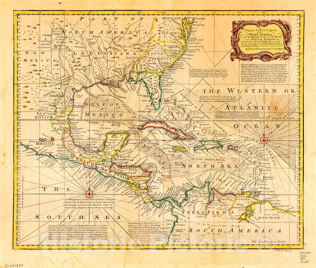 Historic 1720 Map - A New and Accurate Chart of The West Indies with The Adjacent coasts of North and South America