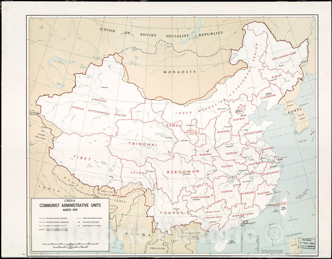 Historic 1959 Map - China, Communist Autonomous Administrative Units, March 1959.