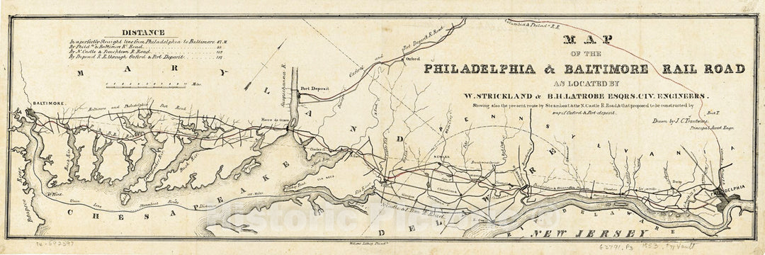 Historic 1853 Map - Map of The Philadelphia & Baltimore Rail Road as Located by W. Strickland & B. H. Latrobe, Esqrs, civ. Engineers. 2