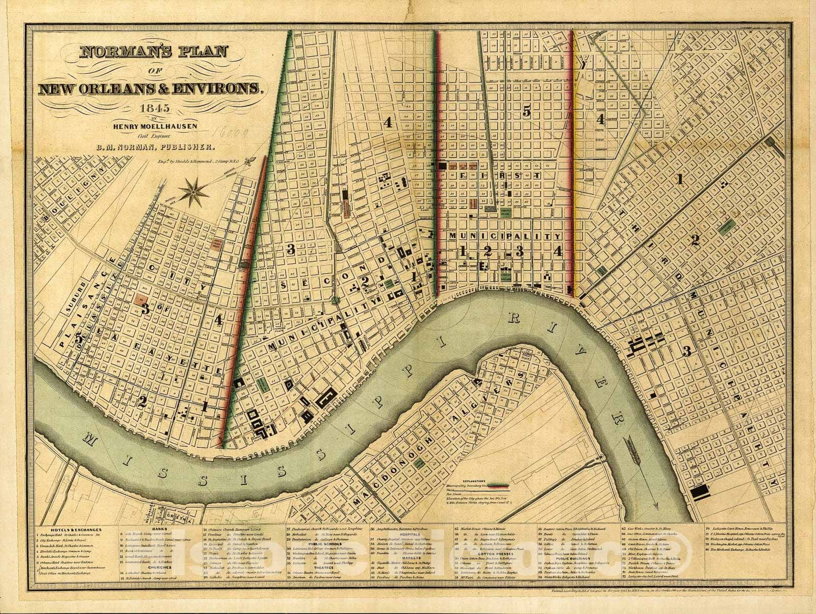 Historic 1845 Map - Norman's Plan of New Orleans & Environs, 1845.