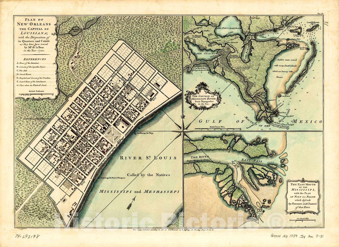 Historic 1759 Map - Plan of New Orleans The Capital of Louisiana; with The Disposition of its Quarters and canals as They Have Been Traced by Mr. de la Tour in The Year 1720.