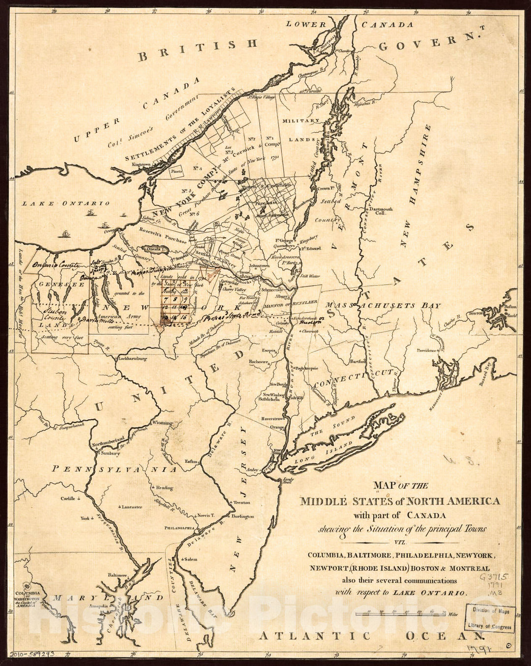 Historic 1791 Map - Map of The Middle States of North America with Part of Canada shewing The Situation of The Principal Towns, viz. Columbia