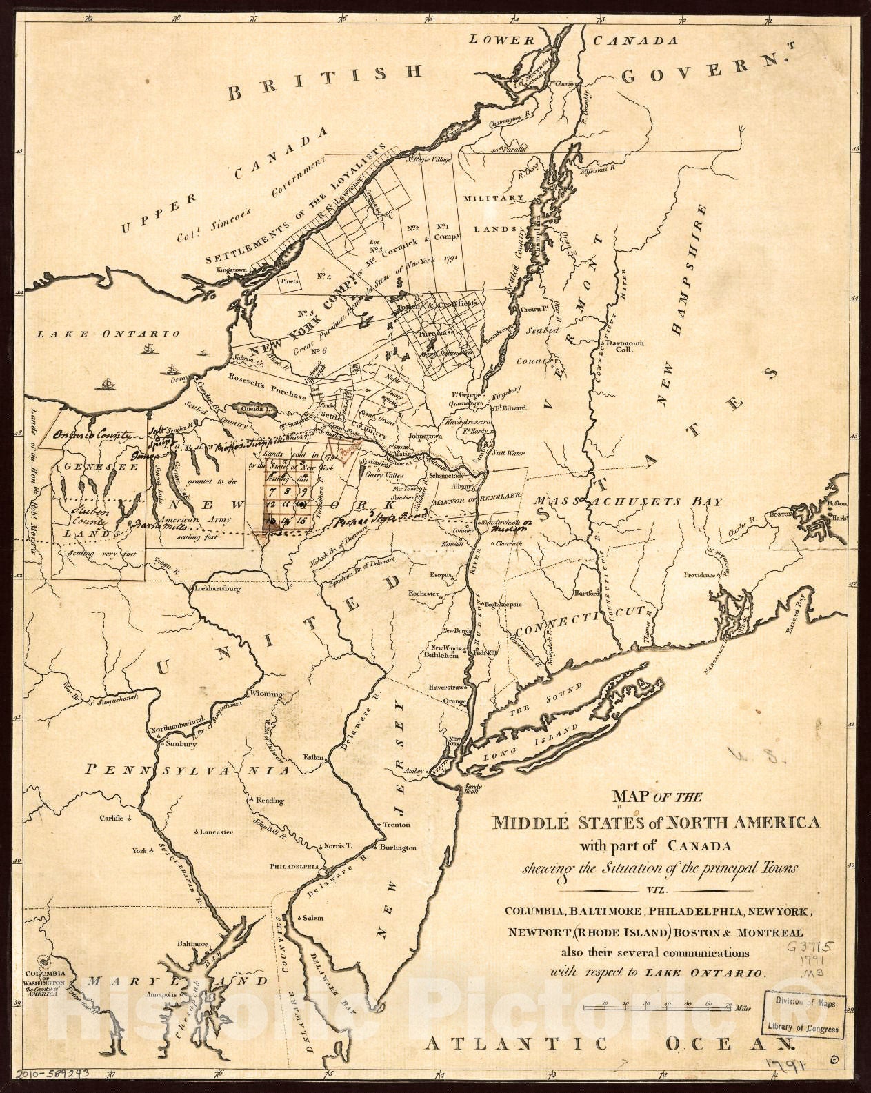 Historic 1791 Map - Map of The Middle States of North America with Part of Canada shewing The Situation of The Principal Towns, viz. Columbia