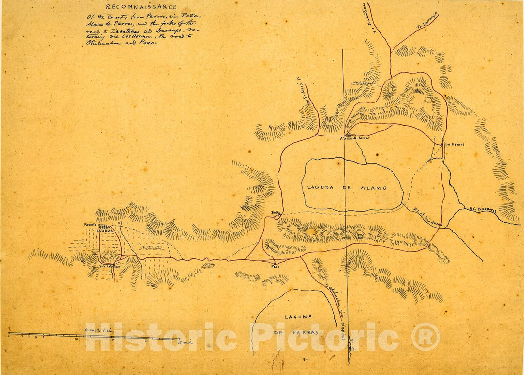 Historic 1846 Map - Reconnaissance of The Country from Parras via PeÃ±a, Alamo de Parras, and The Forks of The Roads to Zacatecas and Durango, Returning via Los Hornos