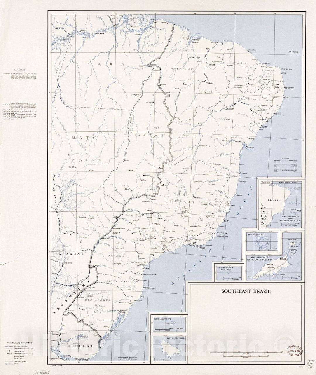 Historic 1954 Map - Southeast Brazil. 2