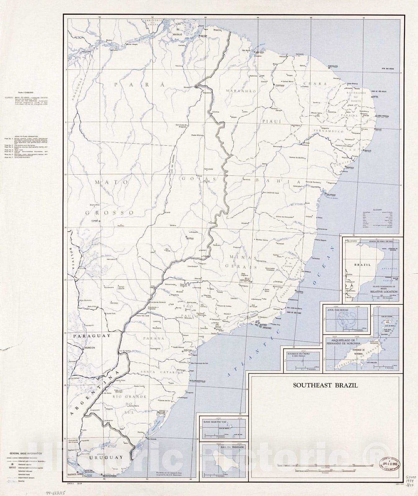 Historic 1954 Map - Southeast Brazil. 2