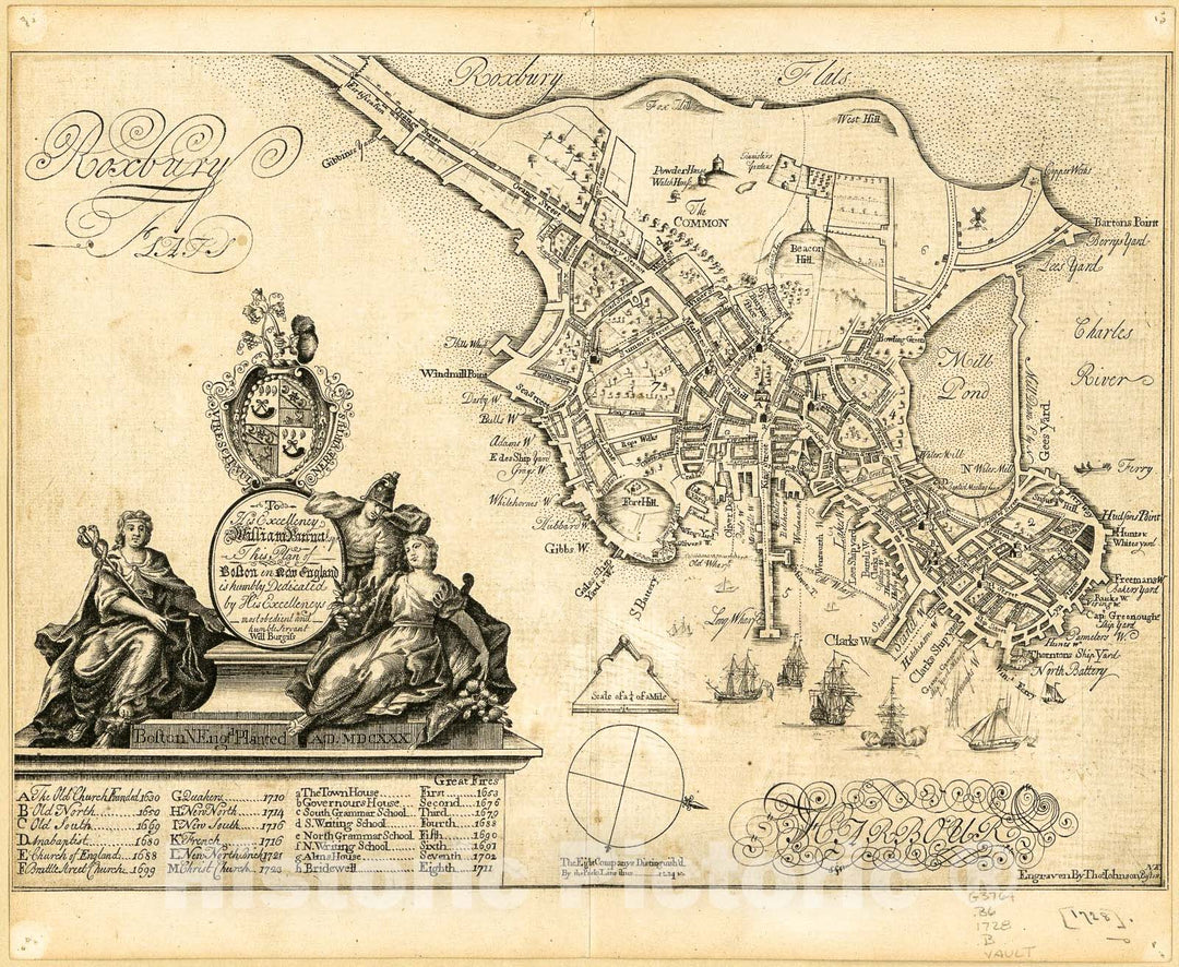 Historic 1728 Map - to his Excellency William Burnet, esqr, This Plan of Boston in New England is Humbly Dedicated by his excellencys Most Obedient and Humble Servant Will Burgiss