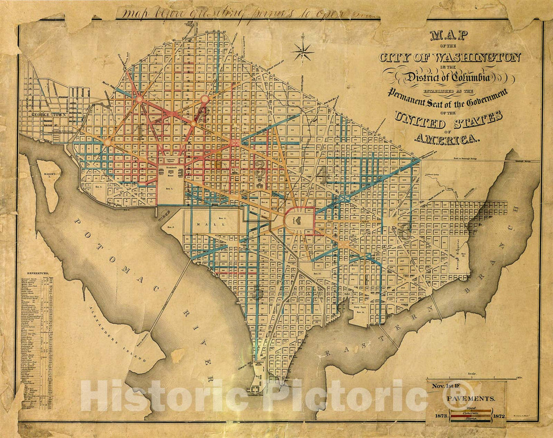 Historic 1873 Map - Map of Washington D.C. Showing Wood, Concrete, and Stone Street pavements