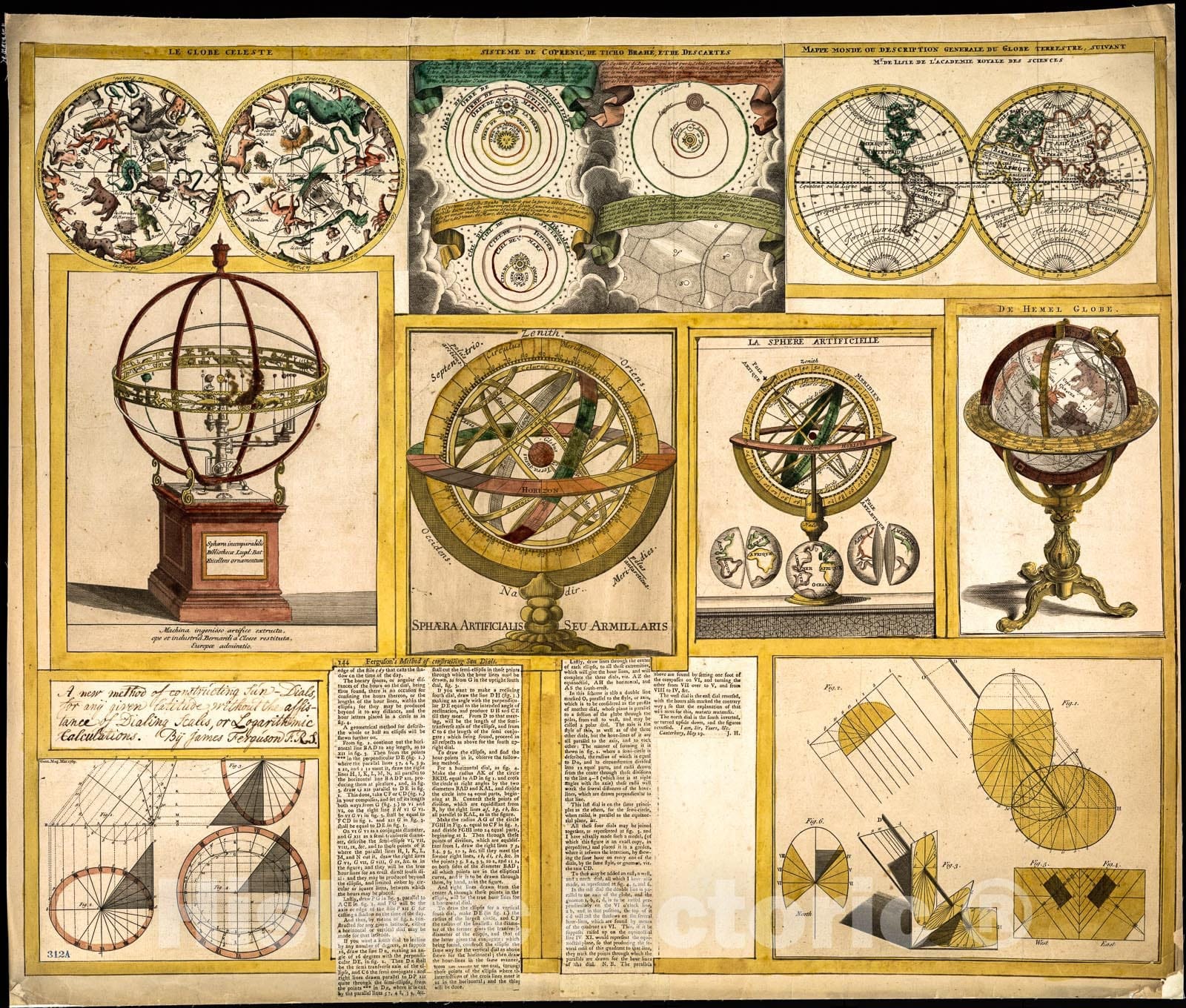 Historic 1769 Map - Collection of Nine Images Including Astronomical Instruments, Celestial Charts, and a World map