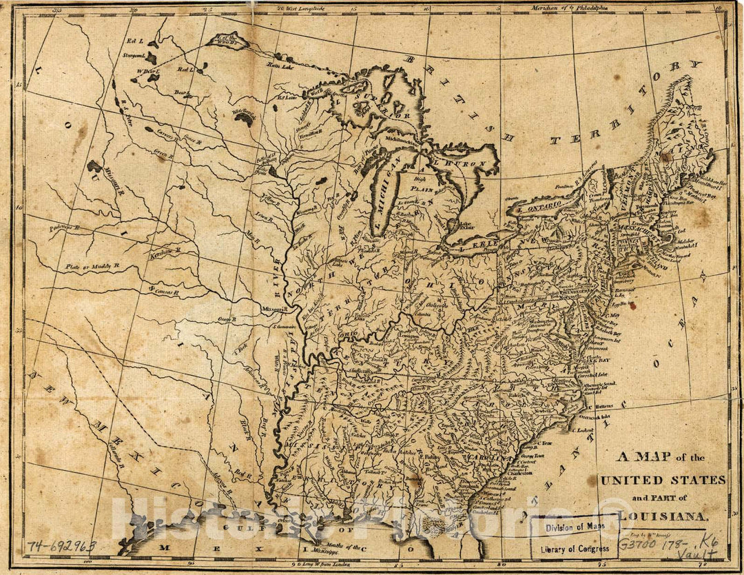 Historic 1780 Map - A map of The United States and Part of Louisiana.