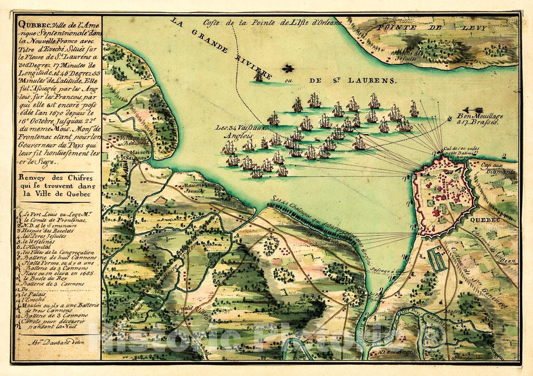 Historic 1755 Map - Qubbec, Ville de l'Amerique septentrionale Dans la Nouvelle France avec titre d'EvechÃ© situÃ©e sur le fleuve de St. Laurens