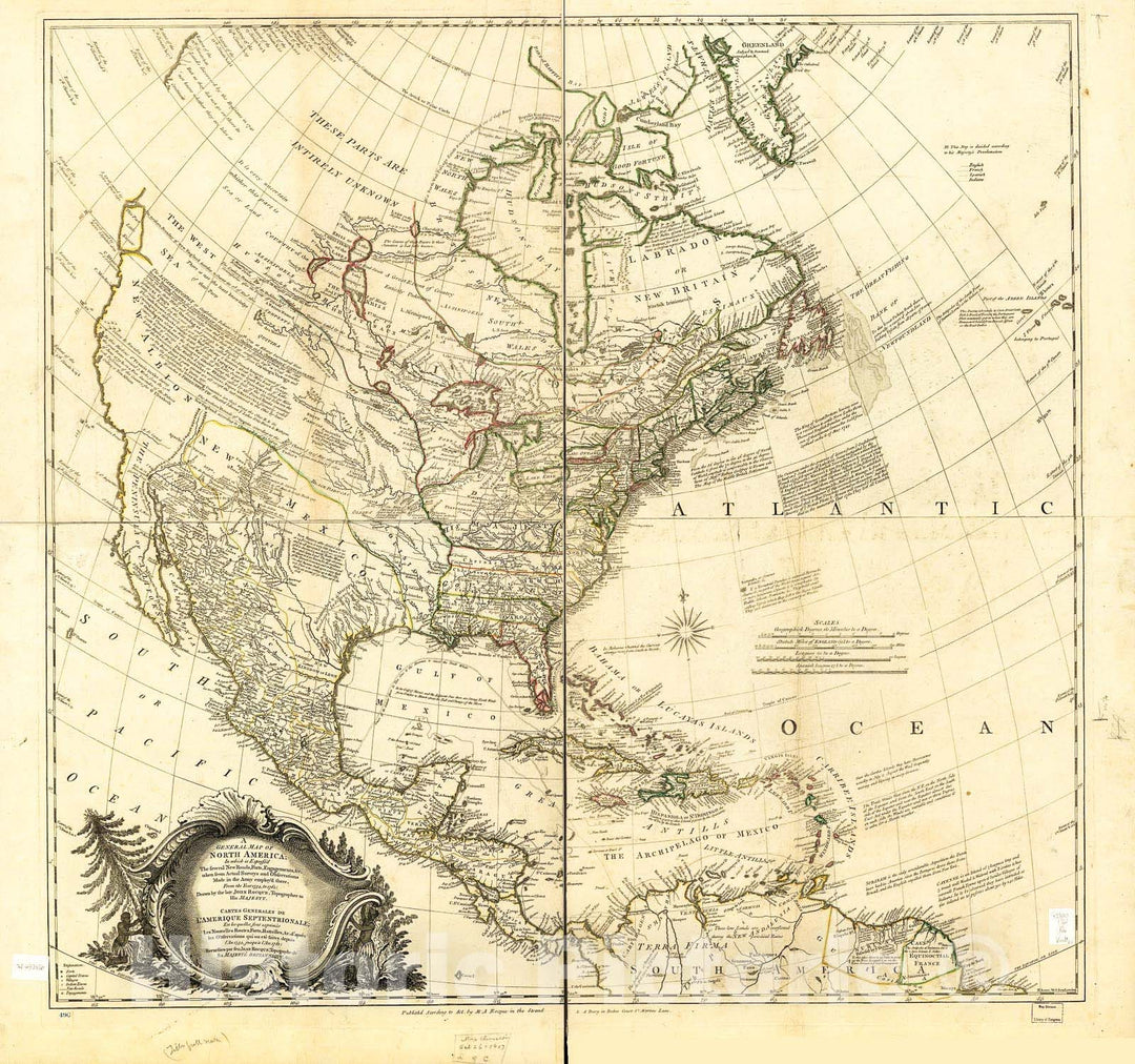 Historic 1761 Map - A General map of North America; in which is express'd The Several New Roads, forts, engagements, c. Taken from Actual surveys and observations Made in The Army