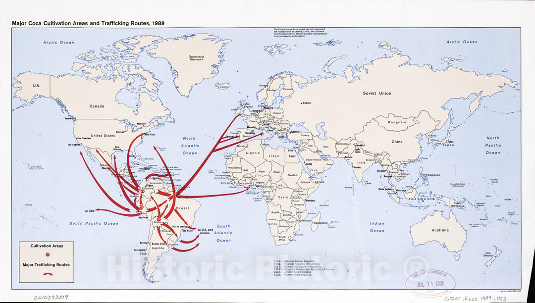 Historic 1989-1990 Map - Major coca Cultivation Areas and Trafficking Routes, 1989 : World map