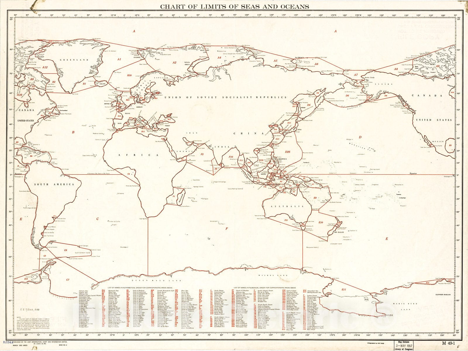 Historic 1953 Map - Chart of Limits of seas and Oceans.