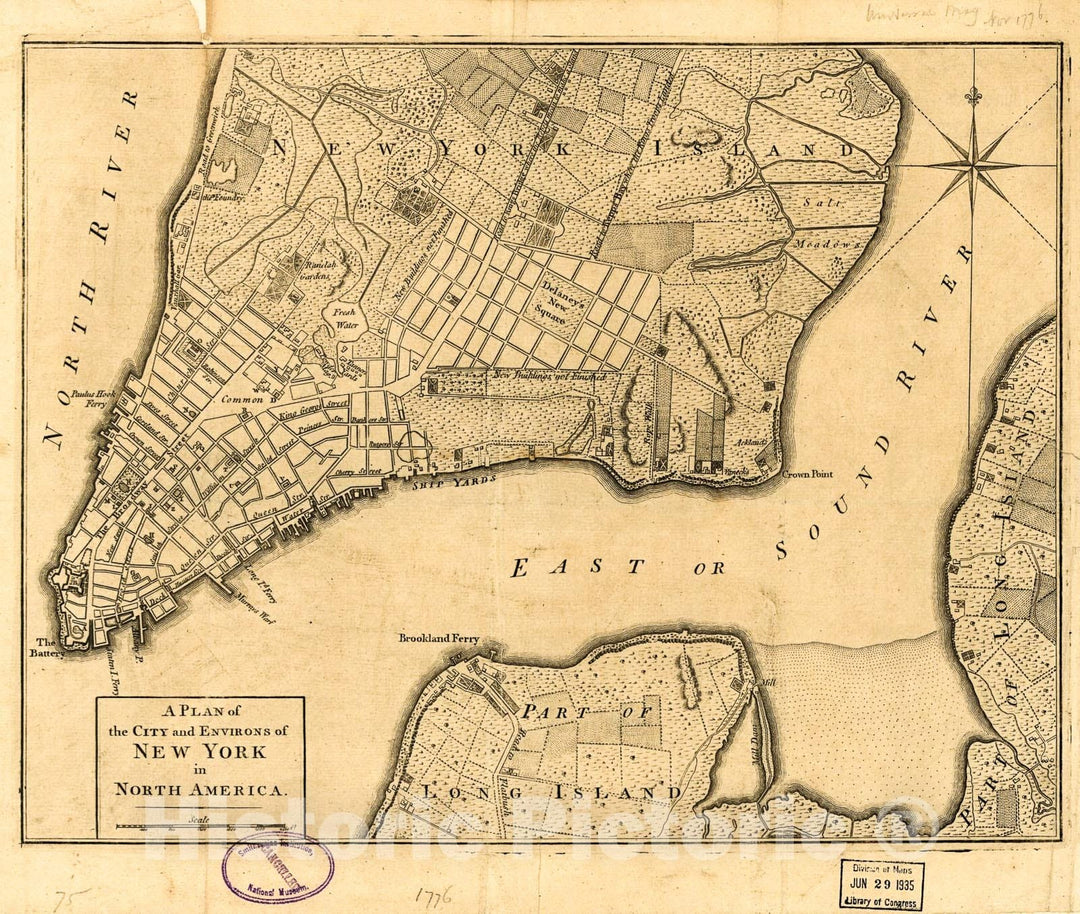 Historic 1776 Map - A Plan Of The City And Environs Of New York In North America. - Vintage Wall Art