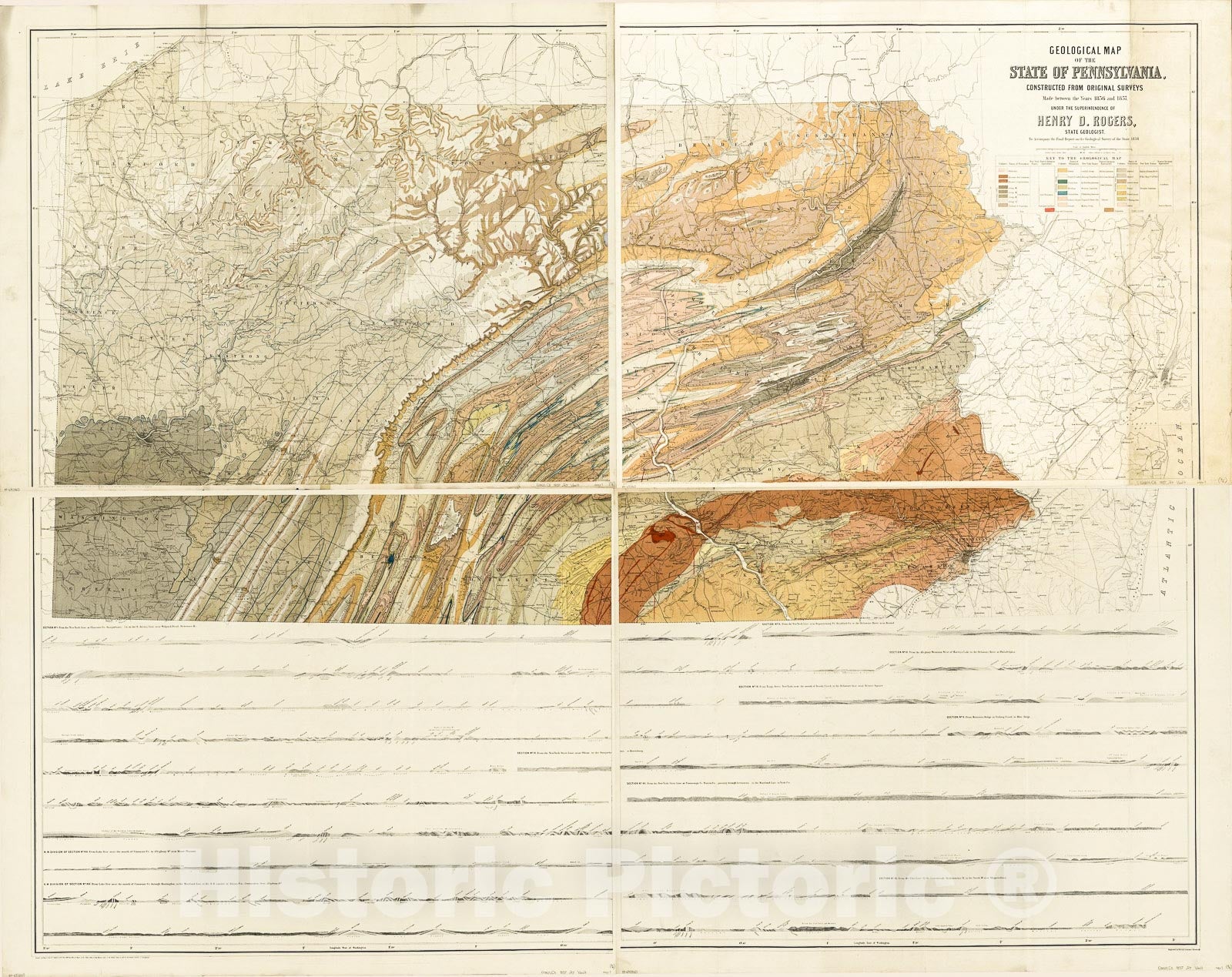 Historic 1857 Map - Geological map of The State of Pennsylvania : Constructed from Original surveys Made Between 1836 and 1857