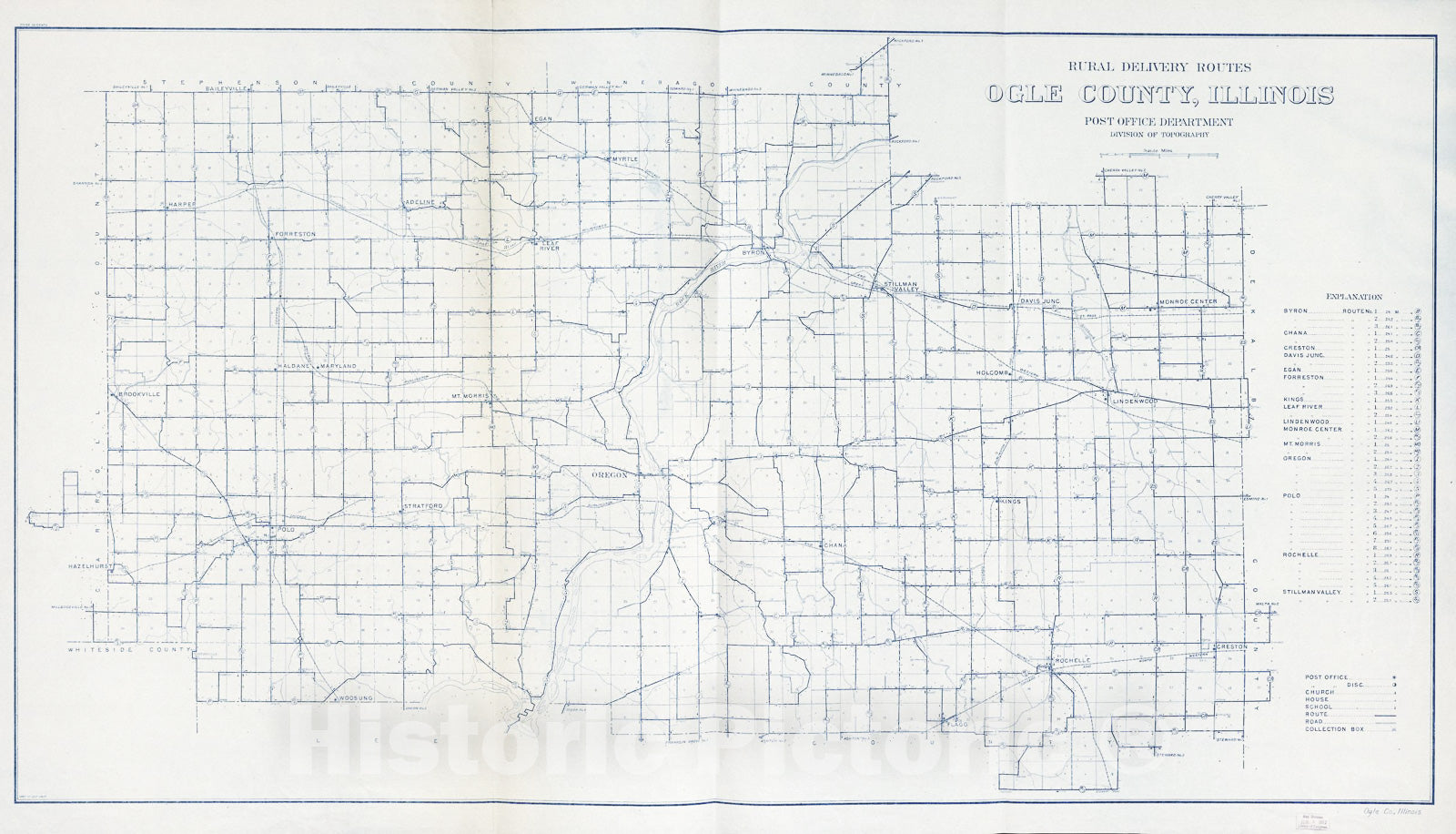 Historic 1912 Map - Rural delivery Routes, Ogle County, Illinois