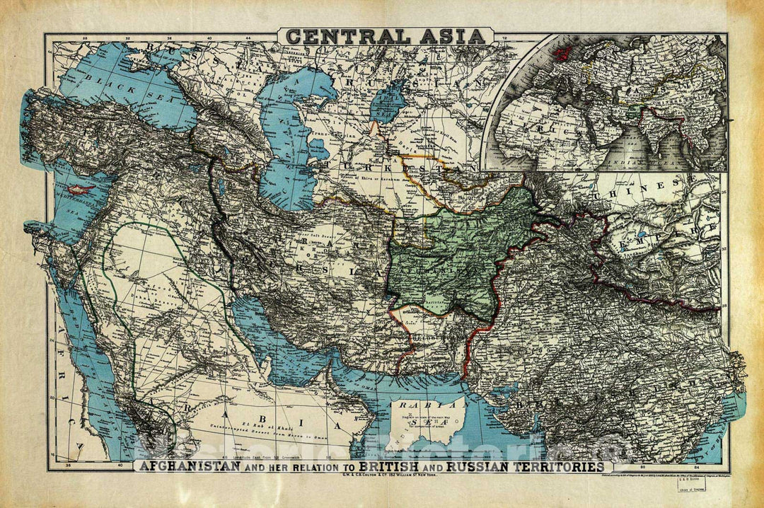 Historic 1885 Map - Central Asia : Afghanistan and her Relation to British and Russian Territories.