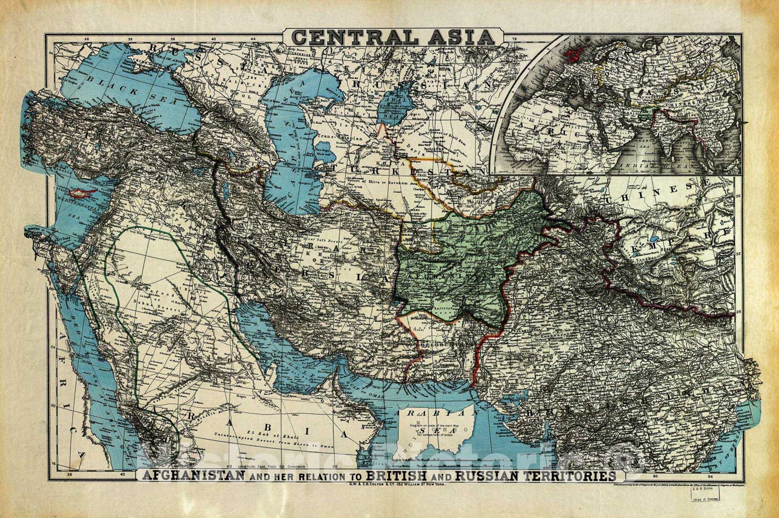 Historic 1885 Map - Central Asia : Afghanistan and her Relation to British and Russian Territories.