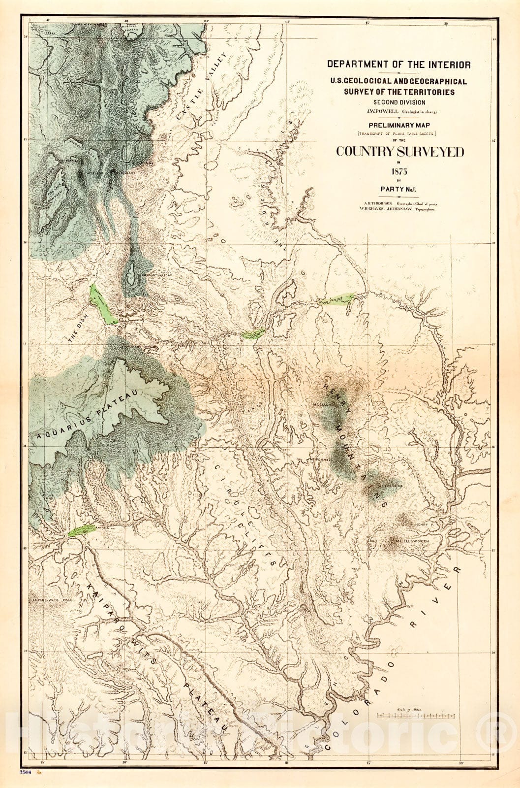 Historic 1875 Map - Preliminary map Transcript of Plane Table Sheets of The Country surveyed in 1875, by Party no. 1