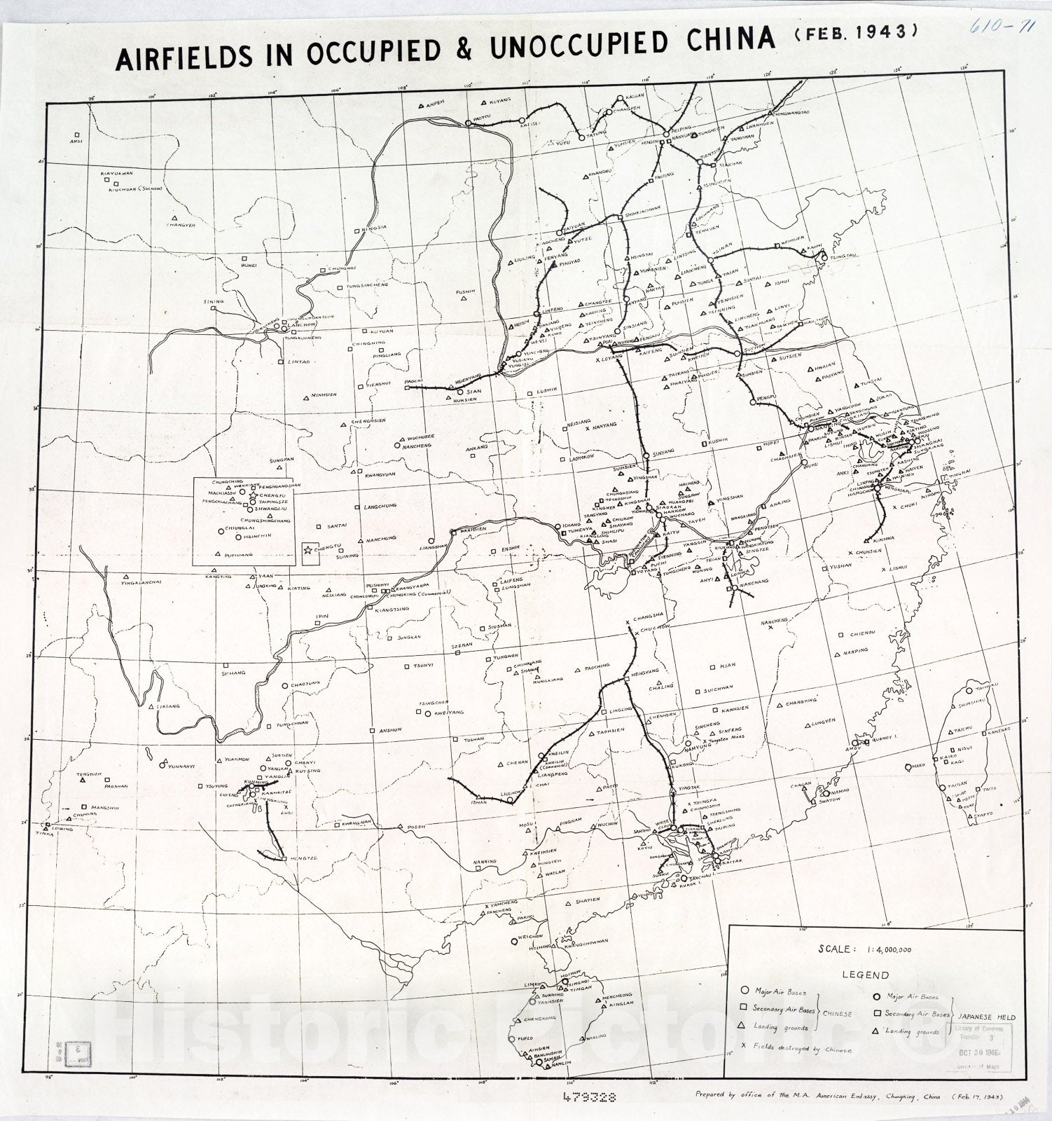 Historic 1943 Map - Airfields in Occupied & unoccupied China (Feb 1943)