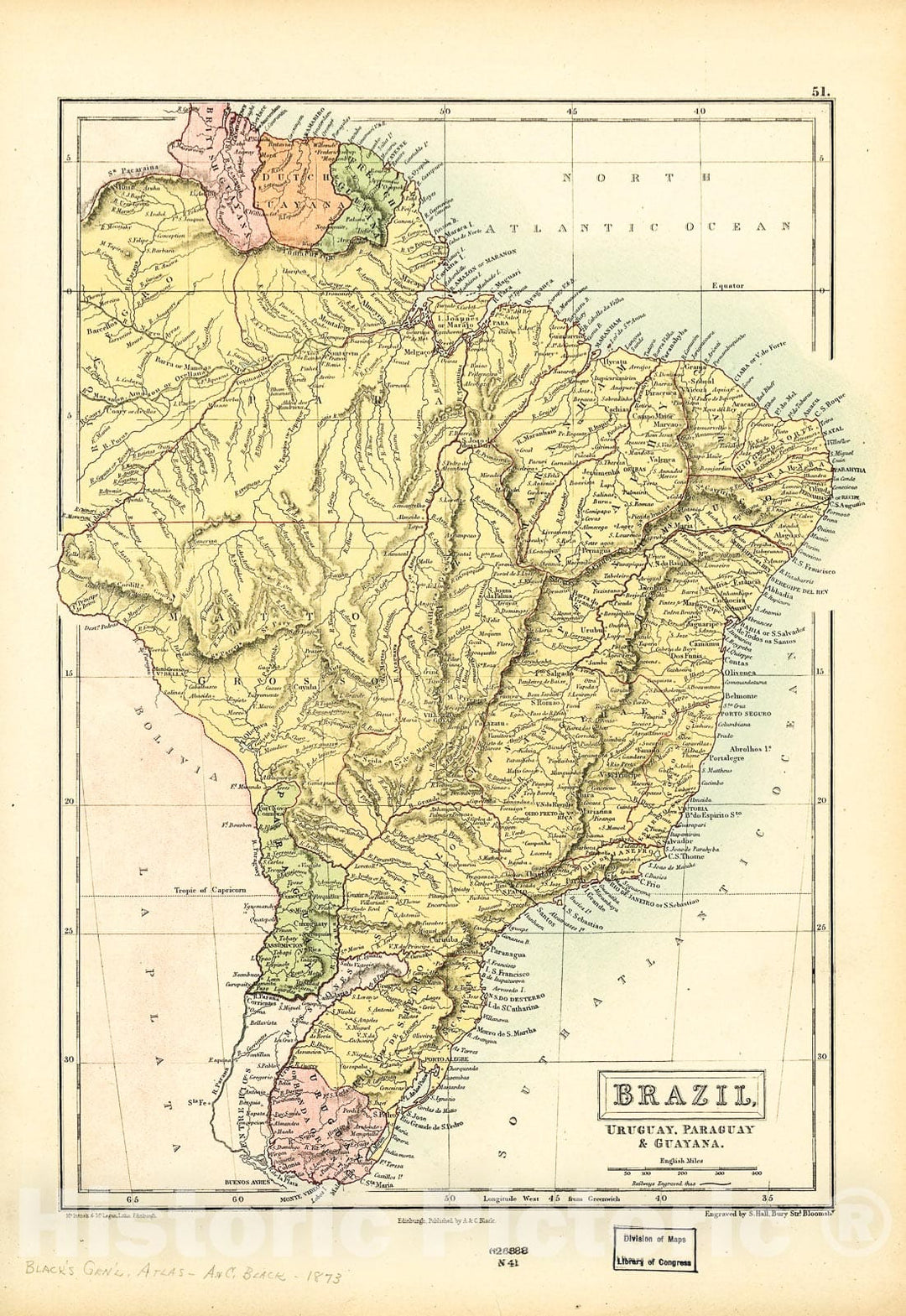 Historic 1873 Map - Brazil, Uruguay, Paraguay & Guayana.