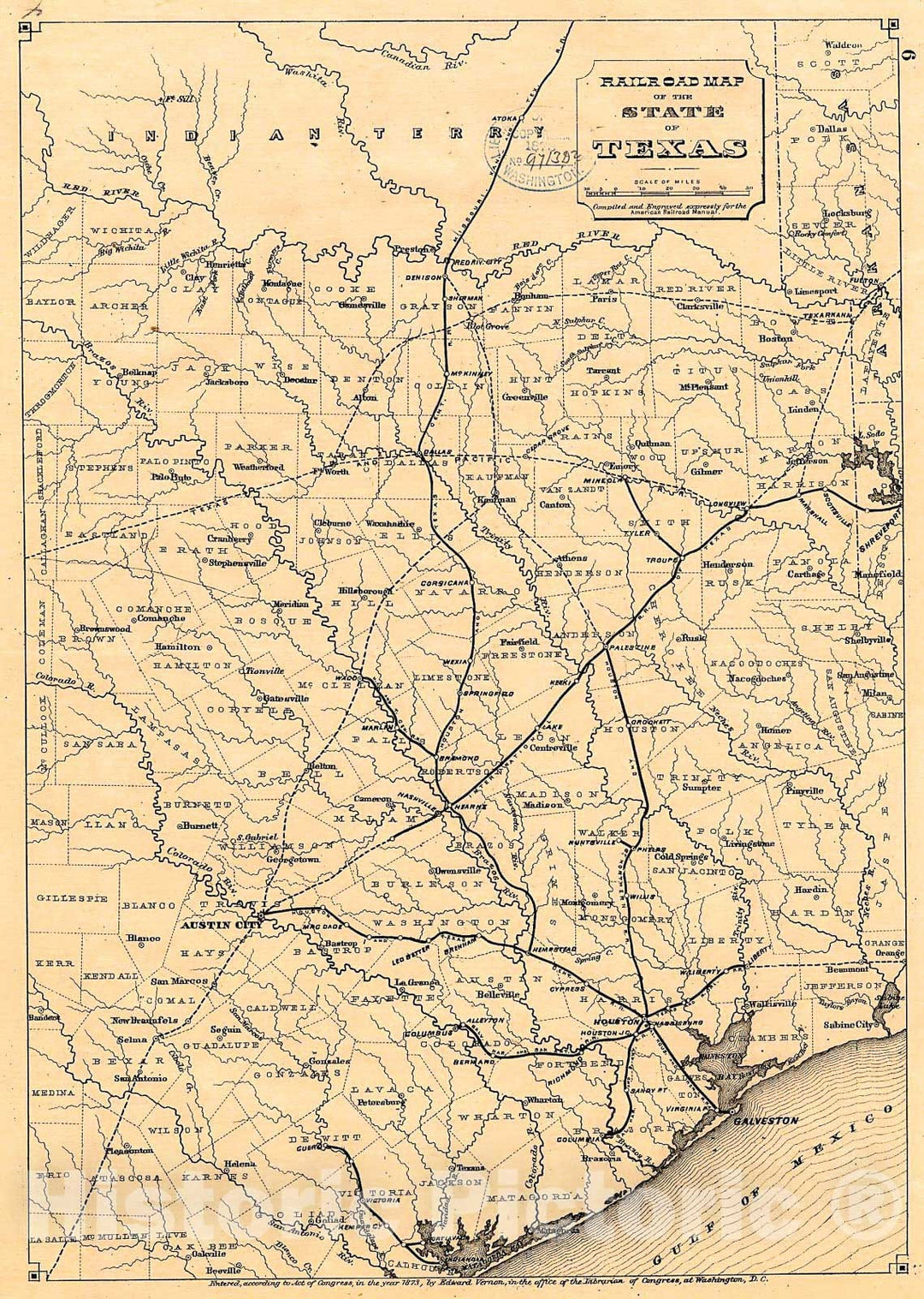 Historic 1873 Map - Railroad map of The State of Texas