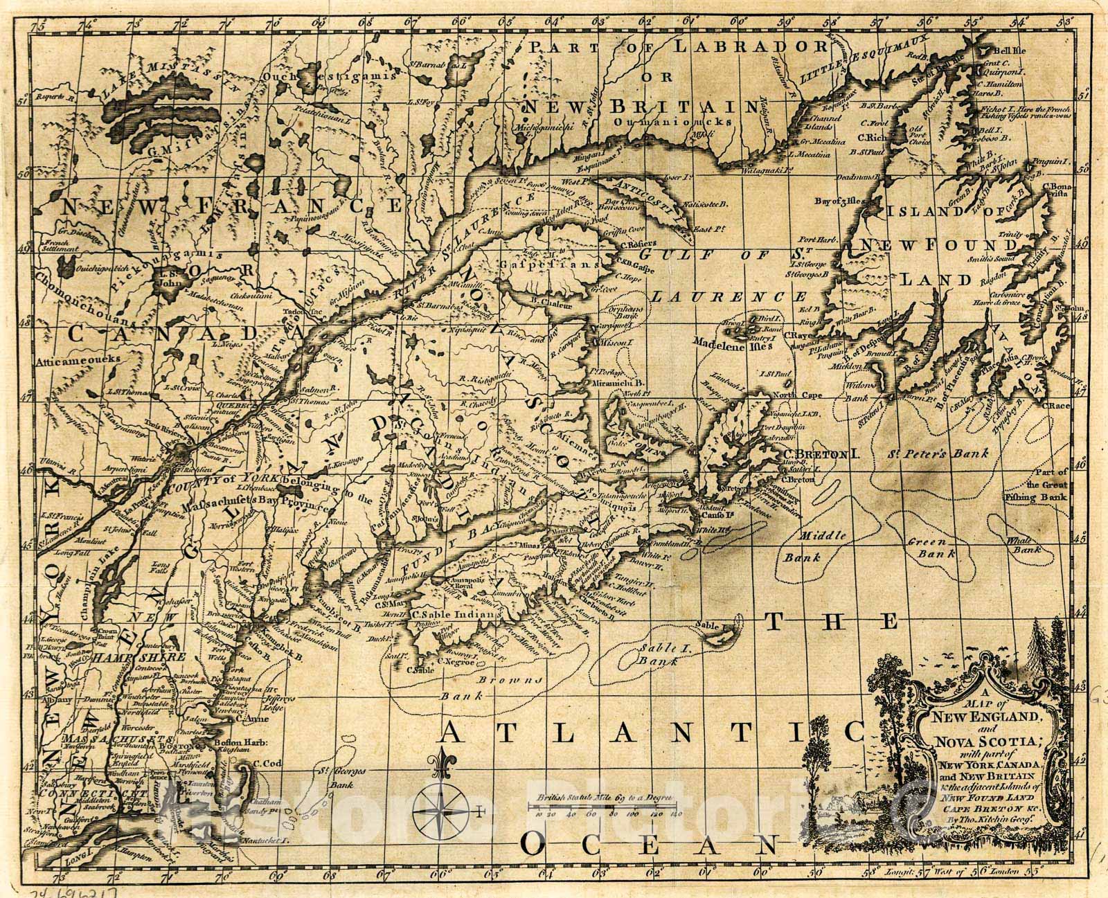 Historic 1758 Map - A map of New England, and Nova Scotia; with Part of New York, Canada, and New Britain & The Adjacent Islands of New Found Land, Cape Breton