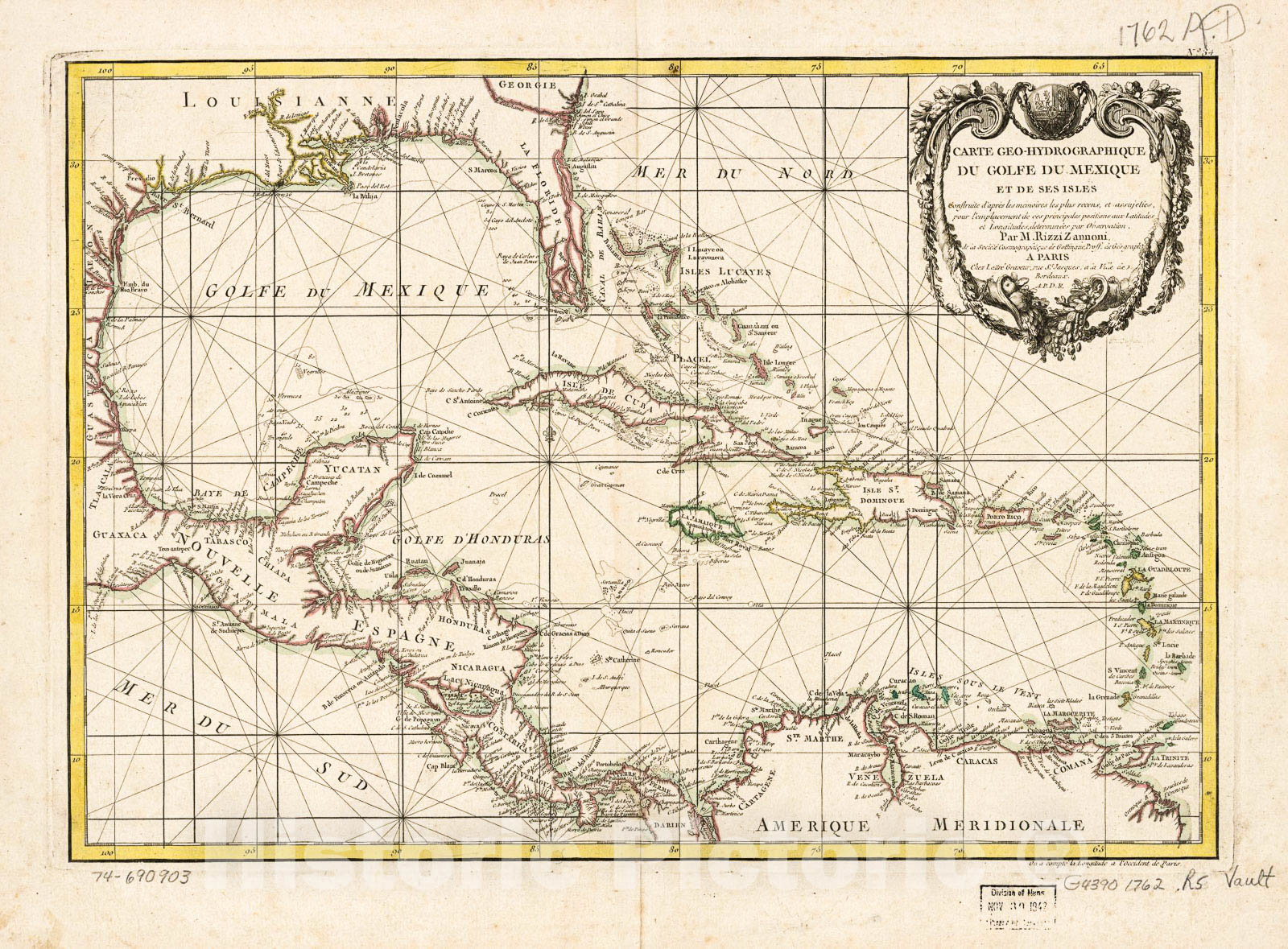 Historic 1762 Map - Carte geo-hydrographique du Golfe du Mexique et de SES Isles. Construite d'aprÃ¨s les mÃ©moires le Plus recens, et assujeties