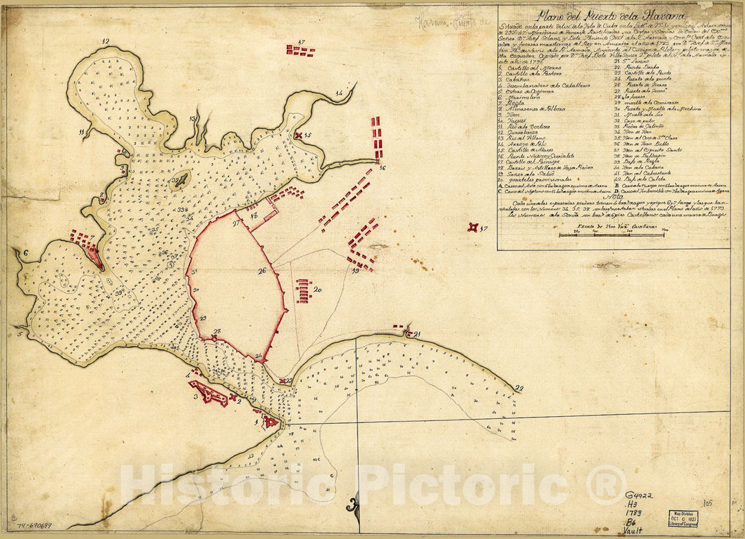 Historic 1783 Map - Plano del Puerto de la Havana, situado en la Parte del N. de la ysla de Cuba en la lattd. DE 2310 y en longd. astronÃ³mica de 29347, meridiano de Tenerife