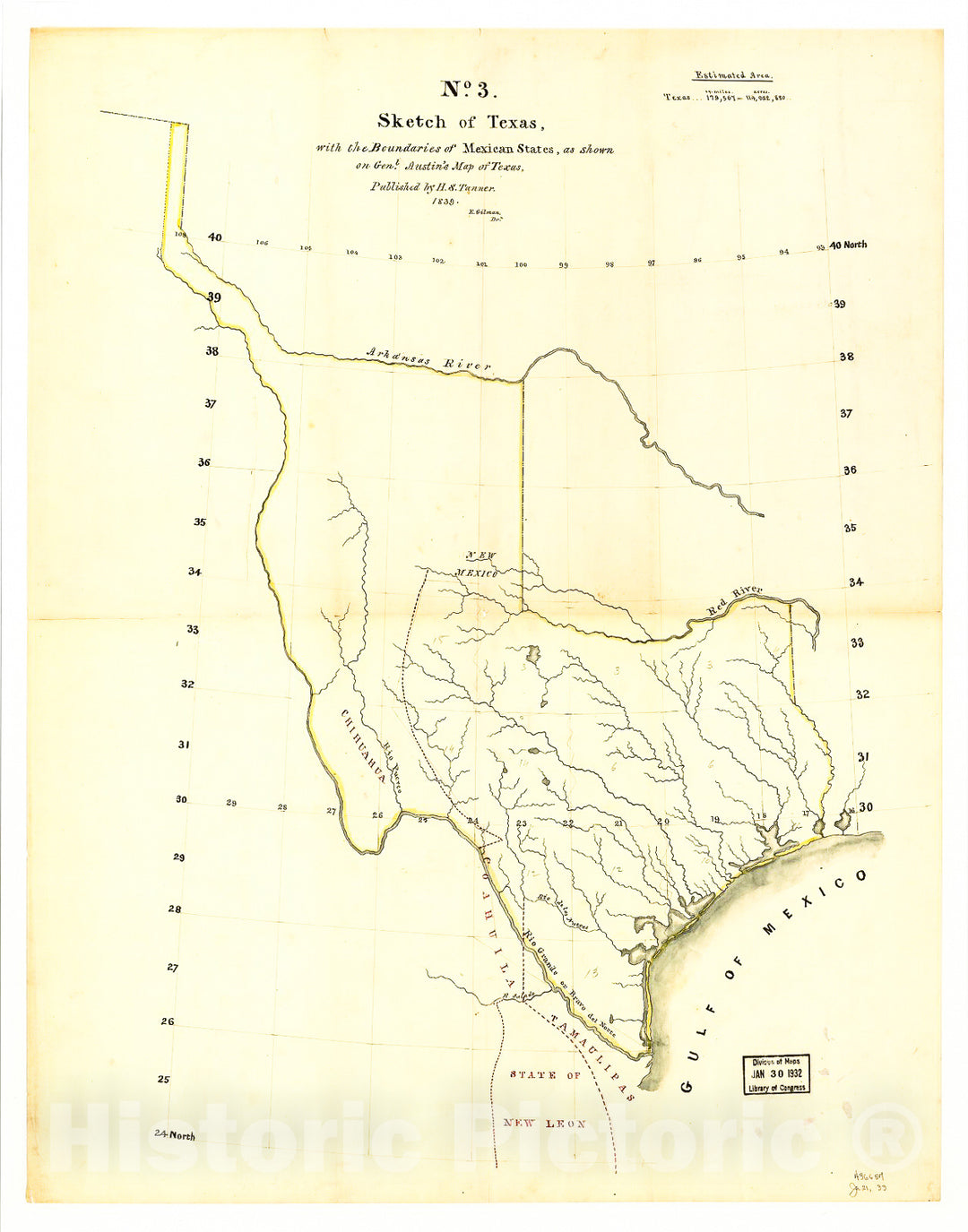 Historic 1839 Map - Sketch of Texas with The Boundaries of Mexican States as Shown on General Austin's map of Texas published by R. S. Tanner, 1839.