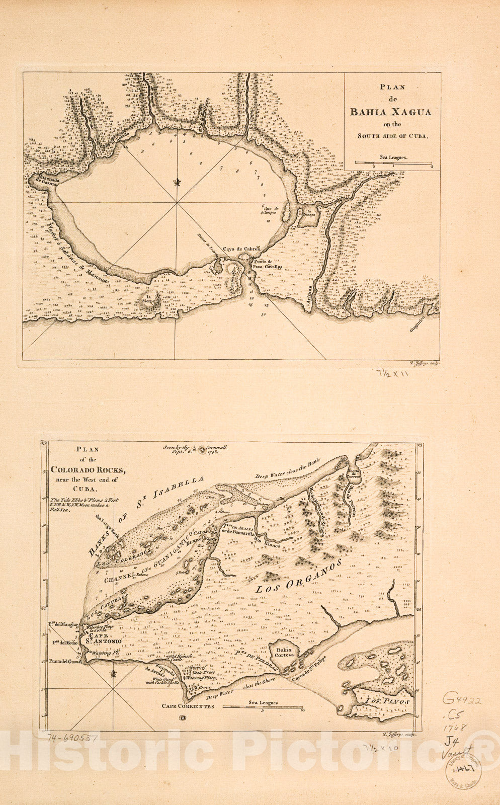 Historic 1768 Map - Plan de BahÃ­a Xagua on The South Side of Cuba; Plan of The Colorado Rocks, Near The west end of Cuba