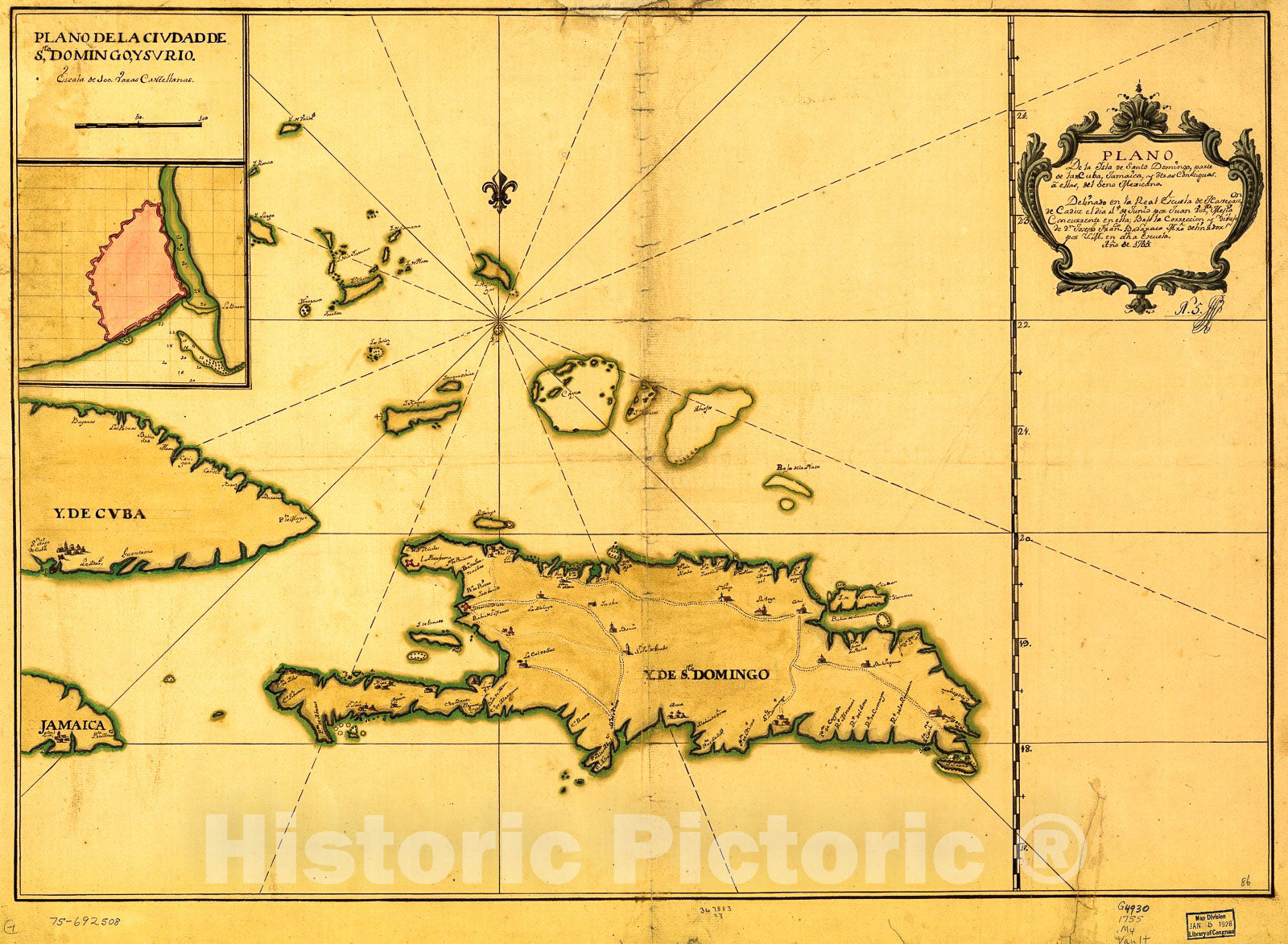 Historic 1755 Map - Plano de la Ysla de Santo Domingo, Parte de las Cuba, Jamaica y otras contiguas a ellas, del seno Mexicano.