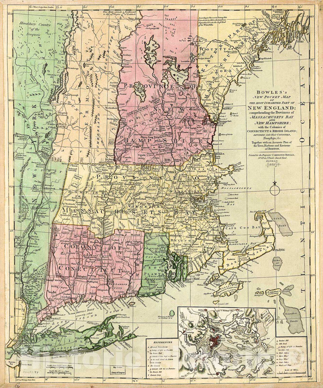 Historic 1780 Map - Bowles's New Pocket map of The Most inhabited Part of New England; comprehending The Provinces of Massachusets Bay and New Hampshire; with The Colonies