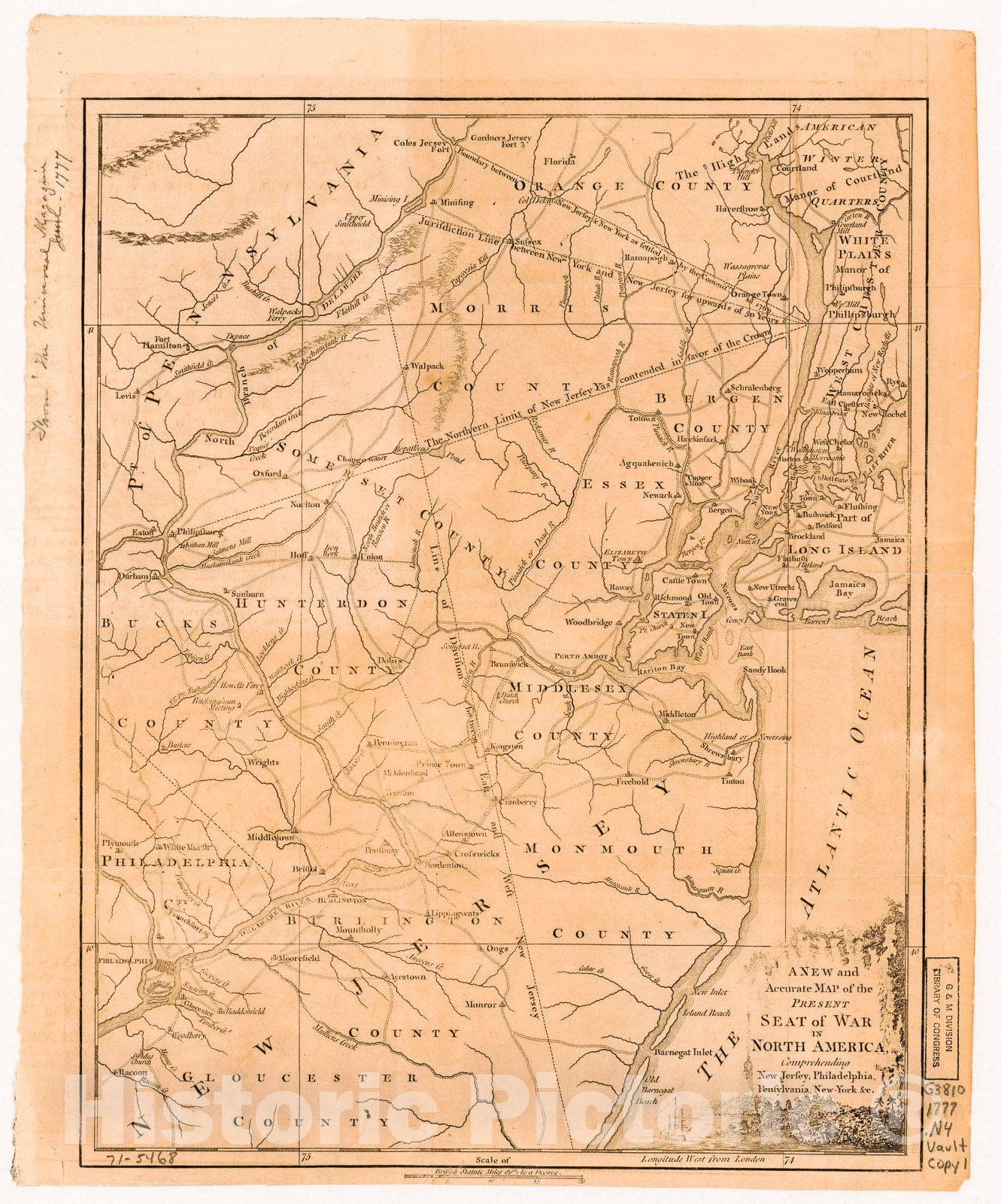 Historic 1777 Map - A New and Accurate map of The Present seat of war in North America, comprehending New Jersey, Philadelphia, Pensylvania, New-York, c.