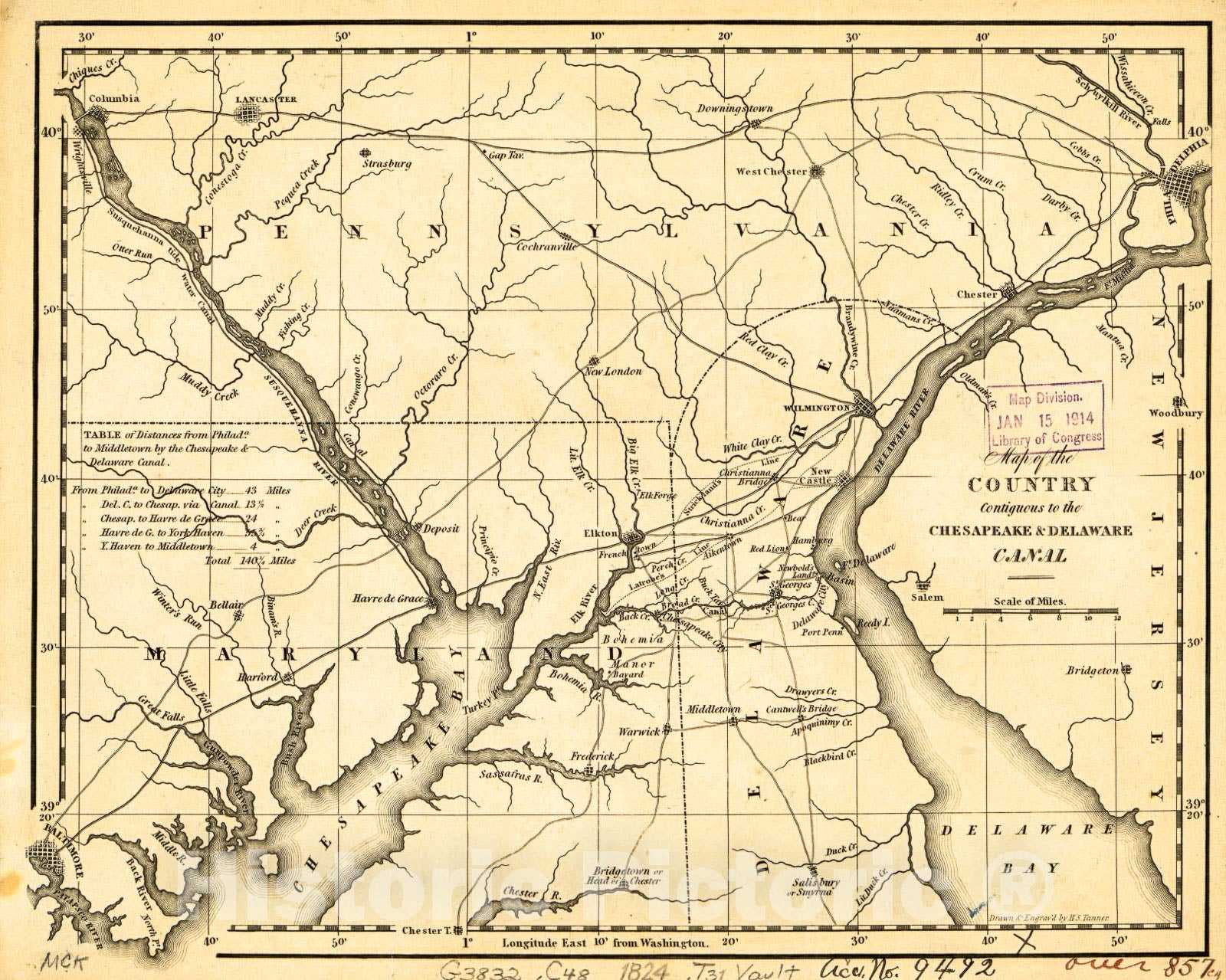 Historic 1824 Map - Map of The Country contiguous to The Chesapeake & Delaware Canal