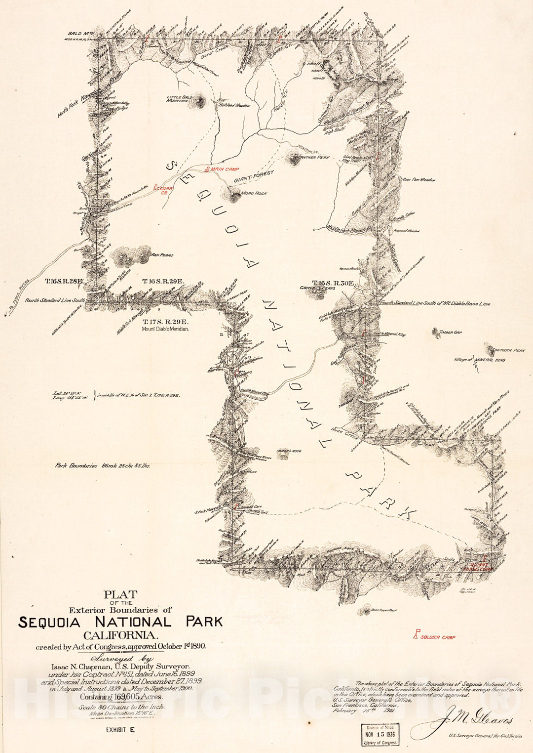 Historic 1901 Map - Plat of The Exterior Boundaries of Sequoia National Park, California : Created by Act of Congress, Approved October 1st, 1890