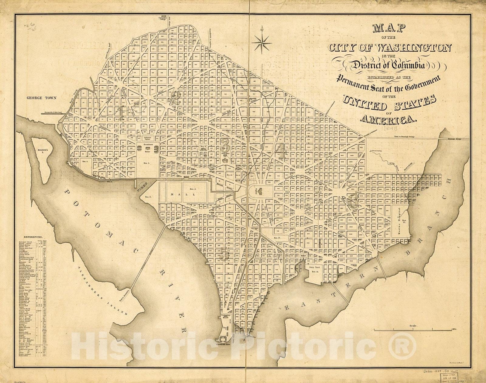 Historic 1839 Map - Map of The City of Washington in The District of Columbia : Established as The Permanent seat of The Government of The United States of America