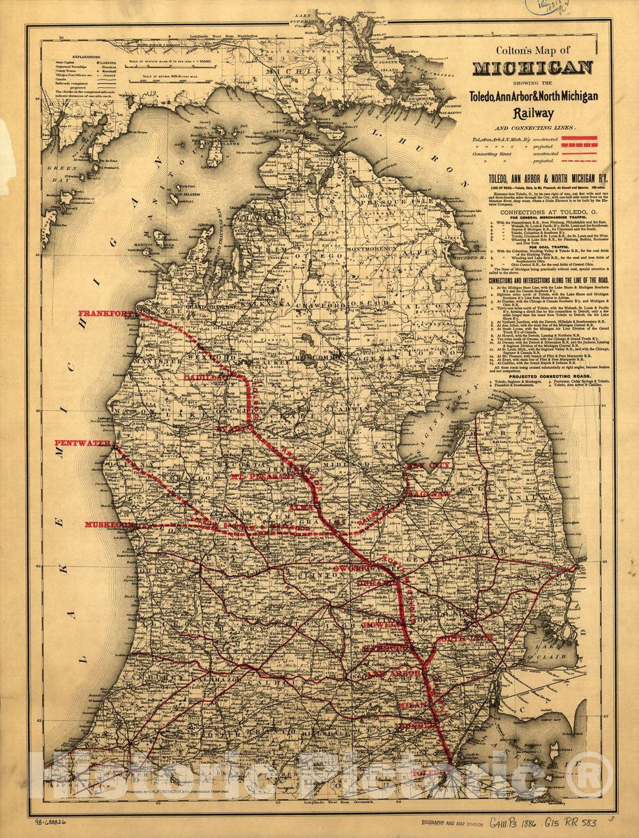 Historic 1886 Map - Map of Michigan Showing The Toledo, Ann Arbor, North Michigan Railway and Connecting Lines.