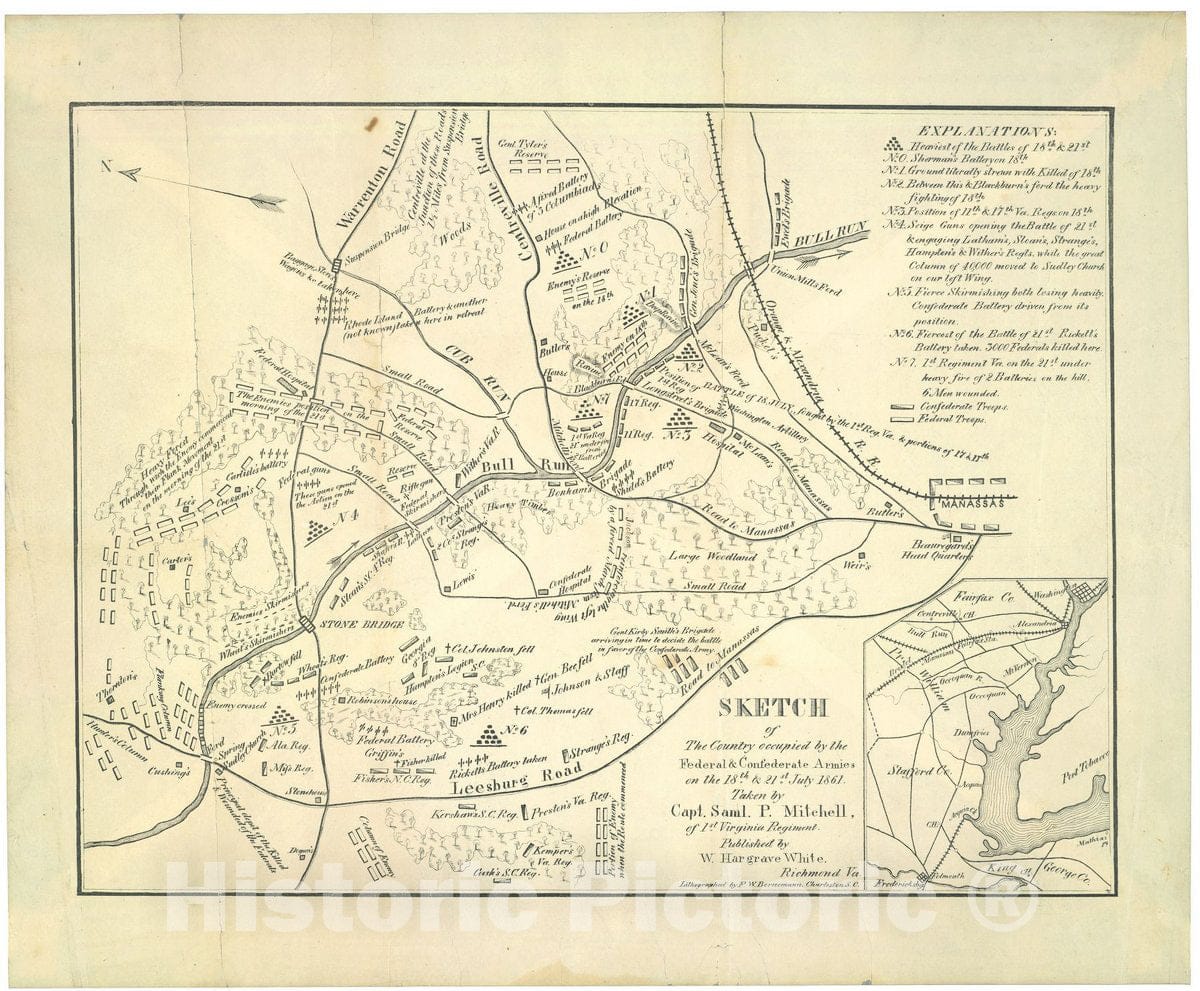 Historic 1861 Map - Sketch of The Country Occupied by The Federal & Confederate Armies on The 18th & 21st July 1861 2